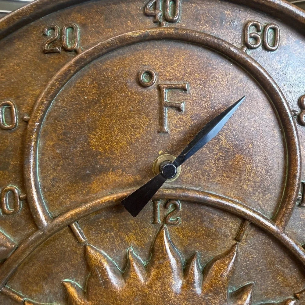 Bronze Sun Face Wall Clock & Thermometer Celestial Indoor/Outdoor Decor 11.5